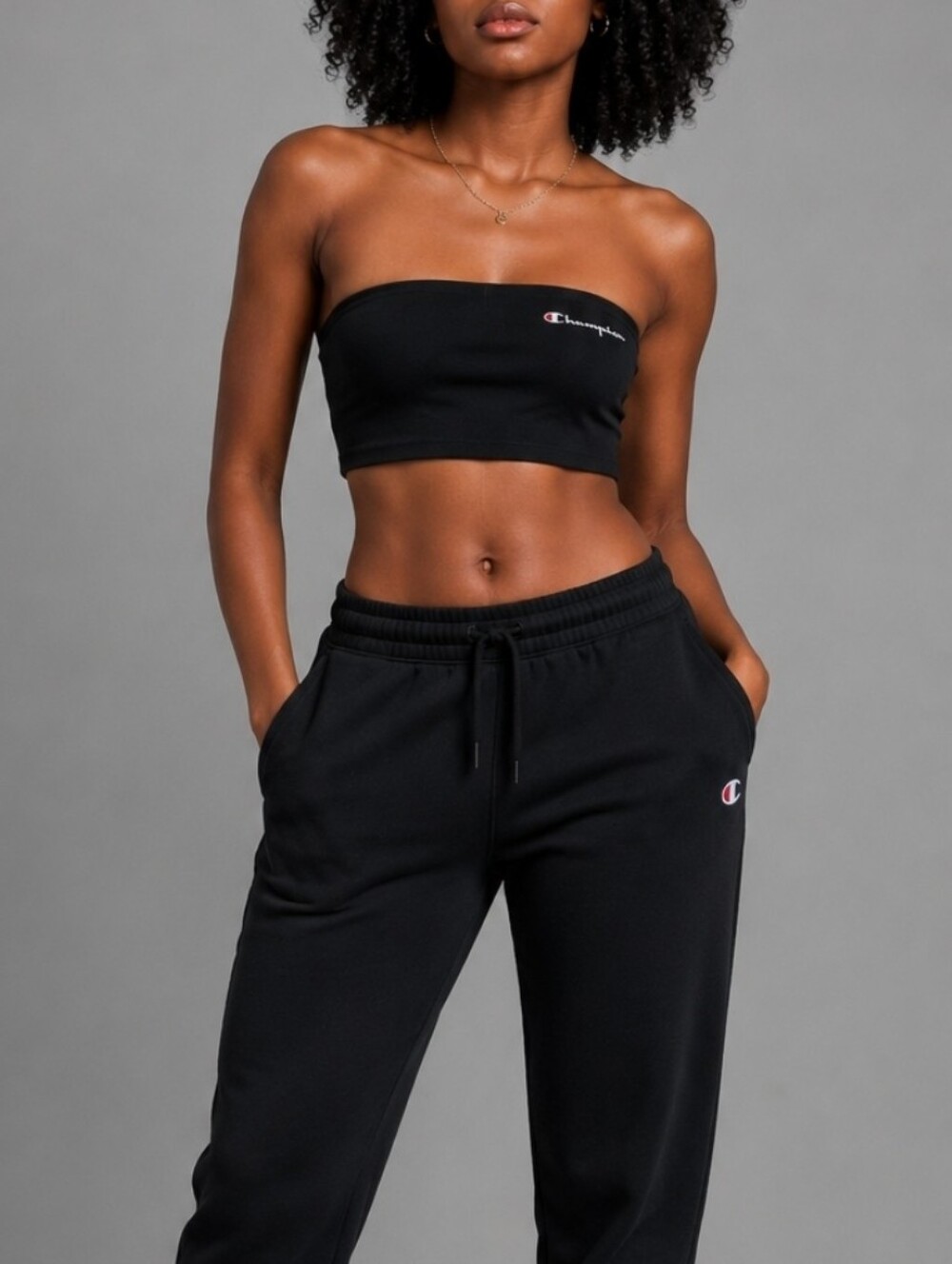 Champion Tube Top Bandeau Women’s Size Medium Black Cotton Stretch Y2K Casual